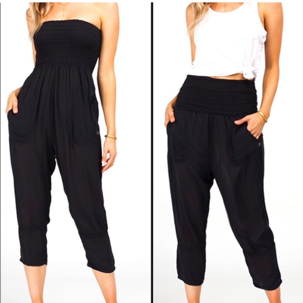 prAna tomomi convertible jumpsuit black strapless stretchy wide leg harem pants